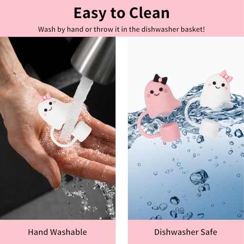 Halloween Ghost Silicone Straw Cover Caps - Pink & White Bow - Style2