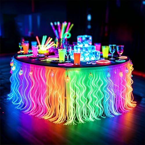 Glow in The Dark Party Table Skirts Set - 4 Pack Fluorescent Wavy Foil Fringe for Neon & Blacklight Events
