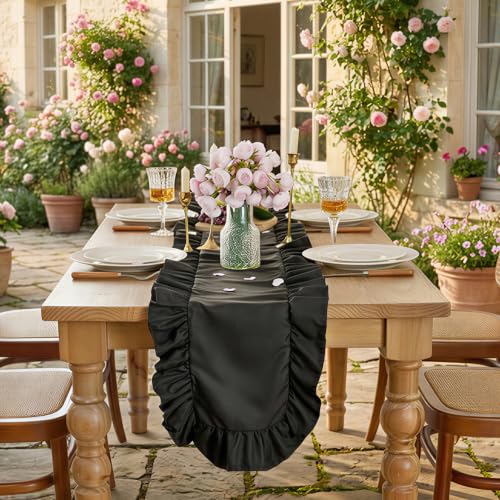 Black Satin Ruffle Table Runner 14x118 Inches - Formal Home Decor