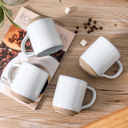 White Ceramic Coffee Mug Set of 4 - 14oz Large Handle Stoneware Tea Cups for Latte & Cappuccino