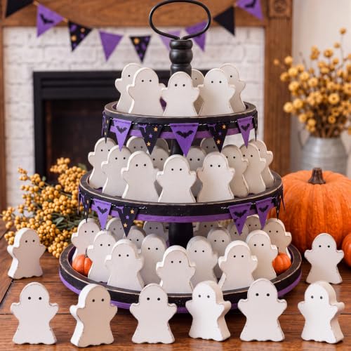 Halloween Ghost Wood Decor Set - Mini Ghost Bowl Fillers, 18 Pieces, Variation of Ghost