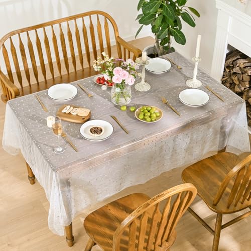 Horaldaily White Silver Star Gauze Tablecloth 60x104 Inch Rectangular