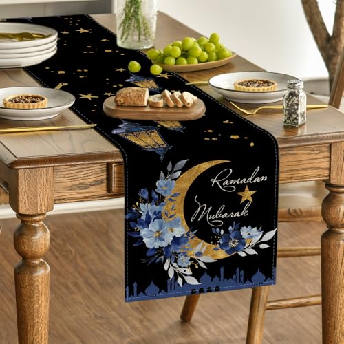 Black Castle Lantern Flower Ramadan Table Runner - 13x72 Inch Seasonal Home Decor