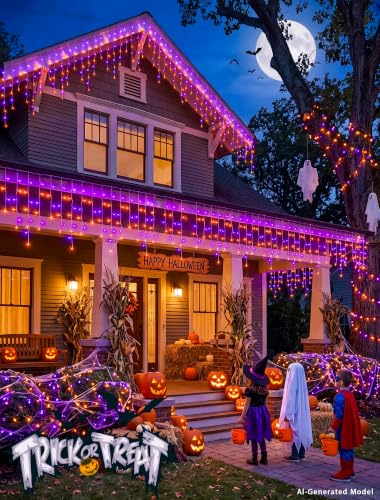 Halloween Icicle Lights Outdoor - 300 LED Purple & Orange, 32ft, 8 Modes, Connectable