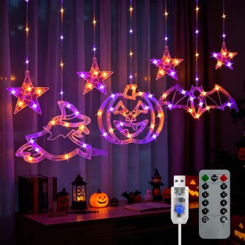 BeePeep Halloween Window Lights Decorations - Orange & Purple Curtain LED Set - 8.5FT with Remote & Timer