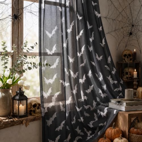 2 Pack Black Sheer Curtains for Windows 52x96 Inches - Bat Pattern, Halloween Decor