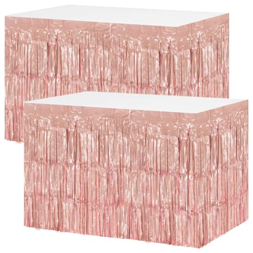 2 Pack Rose Gold Foil Fringe Table Skirts for Party Decorations - 29.5x108 Inch