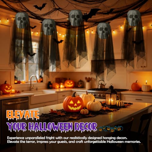 Halloween Hanging Skeleton Skull Decor Set - Black Ghost and Grim Reaper Props