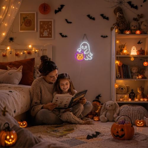 Treat Ghost Neon Sign - Dimmable Halloween Ghost Neon Light for Window