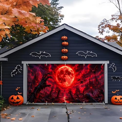 7x16 FT Halloween Garage Door Banner Cover - Scary Blood Moon Zombie Hands - Variation 248