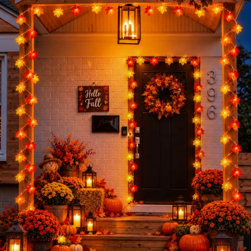 Lighted Fall Garland with 4-Color Maple Leaves - 20ft Battery-Operated Halloween Thanksgiving Decor - 2 Pack