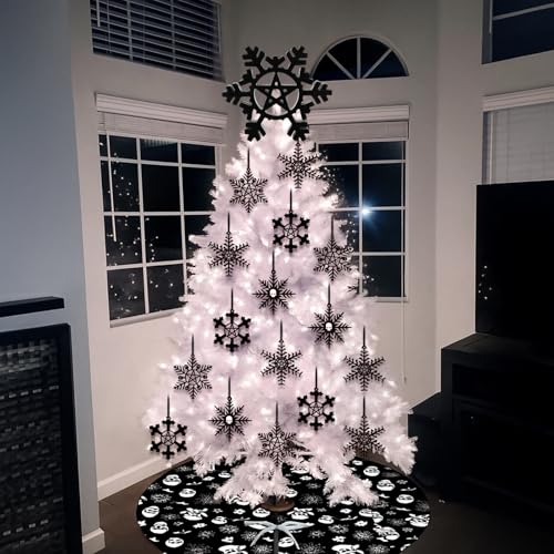 Gothic Christmas Tree Topper Set with Black Snowflake Ornaments - 17 Pieces