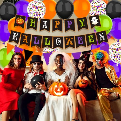 Halloween Balloon Decorations Set with Banner and Flags - 22pcs Party Supplies