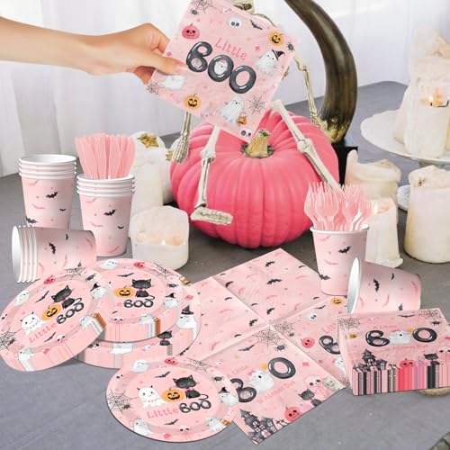 Pink Halloween Baby Shower Dinnerware Set - Plates Napkins Cups for Girl Party