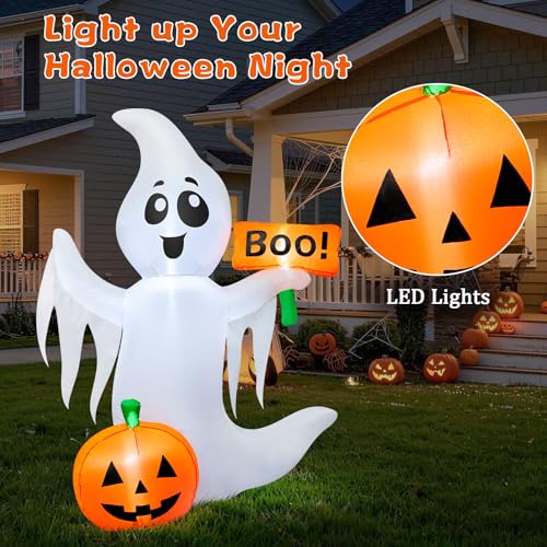 4.5FT Halloween Inflatable Ghost with LED Lights and Pumpkins - Outdoor Decoration