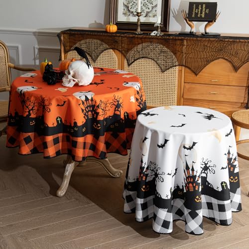 Halloween Tablecloth 60 Inch Round Castle Ghost Decor Orange Fabric
