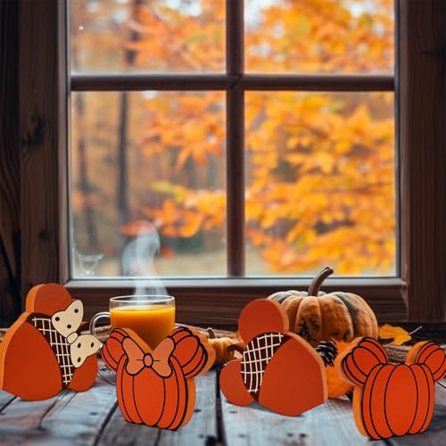 Thanksgiving Fall Wooden Sign Set - 4 Cute Pumpkin Mouse Decor for Home & Table