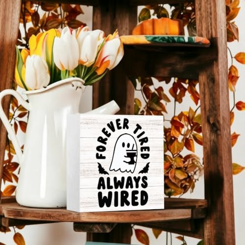 Wired Halloween Ghost Coffee Sign Indoor Home Office Decor - 5x5 Inches