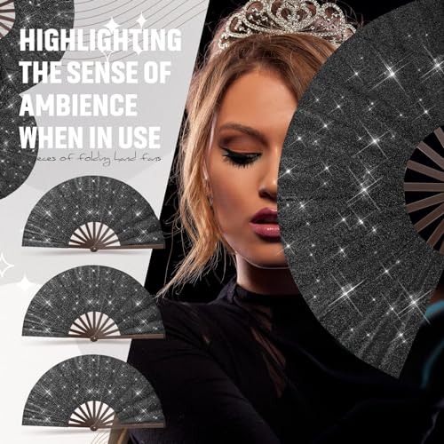 Halloween Glitter Black Folding Hand Fans Set - 9 Pack for Party & Celebration