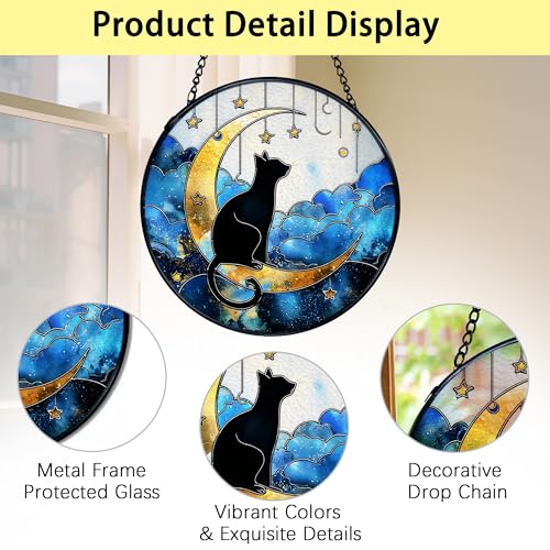 Black Cat on Moon Stained Glass Window Hanging - Celestial Sun Catcher, 7.9 Inches