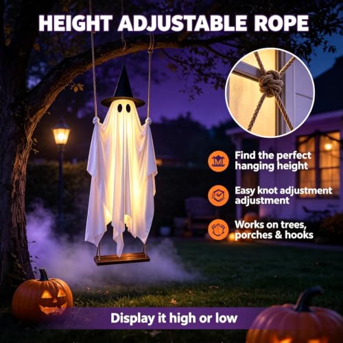 Adjustable Hanging Ghost Decorations with LED Lights for Outdoor Halloween Yard