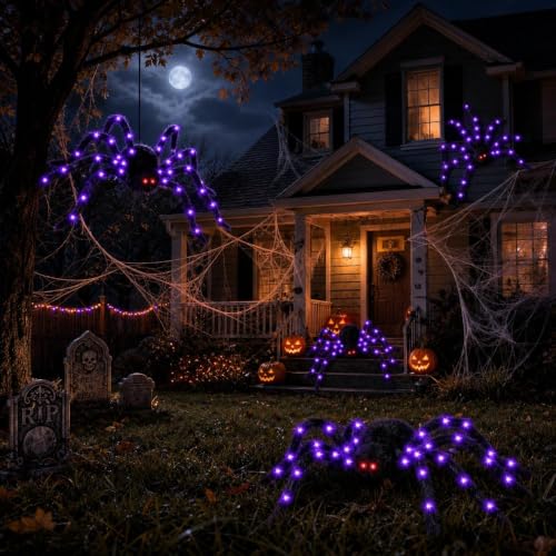 Giant Light Up Halloween Spider Decoration, 50 Inch Outdoor Indoor, Glowing Purple Lights & Red Eyes, Bendable Legs, 8 Light Modes
