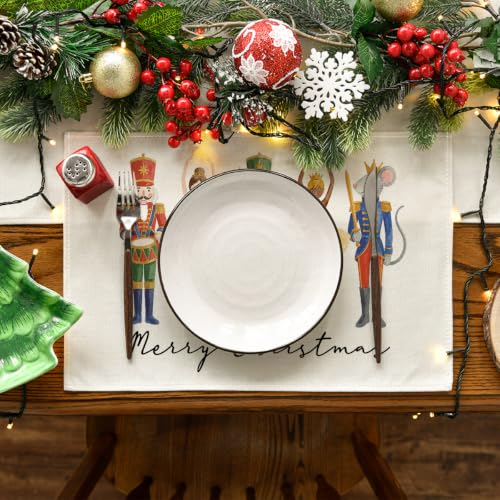 Watercolor Nutcracker Xmas Placemats Set of 4 - Holiday Table Decor 12x18 Inch