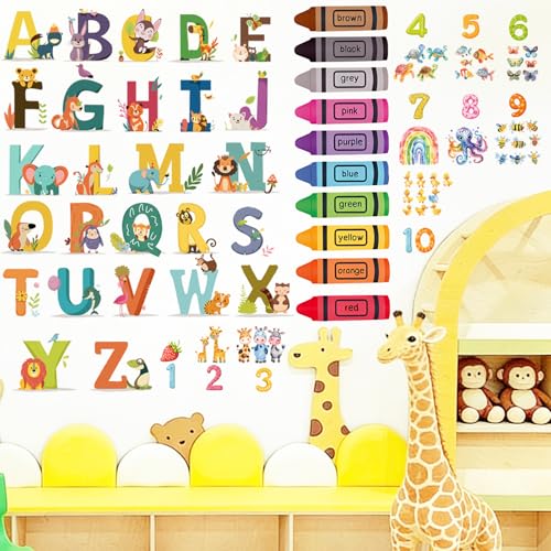 Multicolor Animal Alphabet Numbers Wall Stickers - Educational Classroom Decals