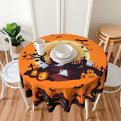 Halloween Pumpkin Castle Ghost Round Tablecloth 60 Inch Orange Black Decor