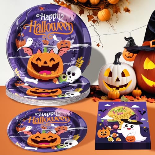 Halloween Paper Plates and Napkins Set - 50 Pieces, Festive Pumpkin & Ghost Design