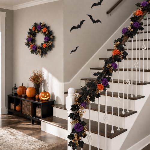 Halloween Garland 2 Pack - Purple Orange Roses with Gold Berries & Black Vines