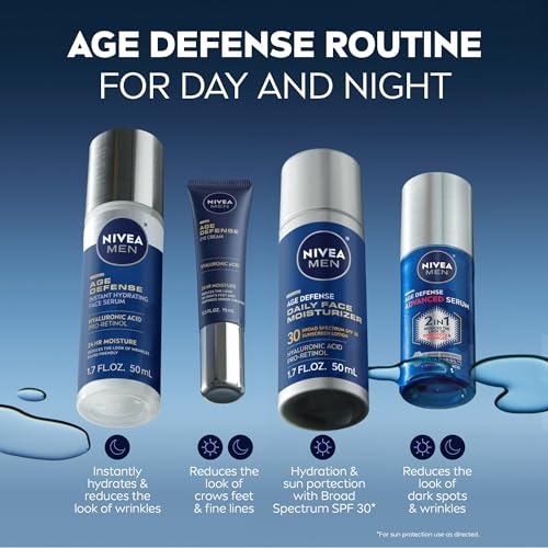 NIVEA MEN Age Defense Instant Hydrating Face Serum for Dry Skin, With Pro-Retinol and Hyaluronic Acid, Facial Serum Helps Reduce Look of Fine Lines and Wrinkles, 1.7 Fl Oz Bottle