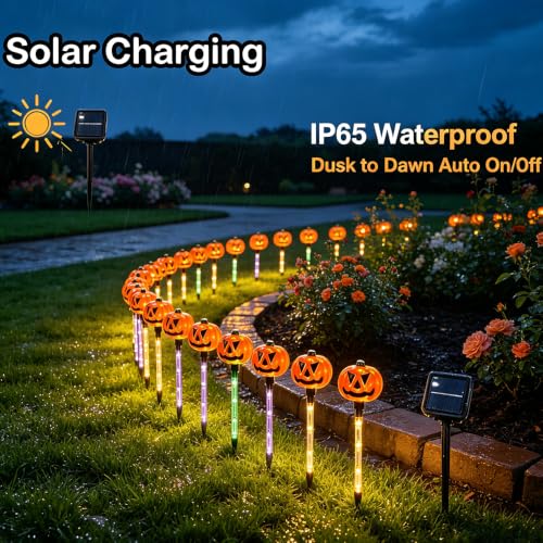 Solar Halloween Pumpkin Stake Lights 12-Pack Outdoor Waterproof String Lights with 8 Modes