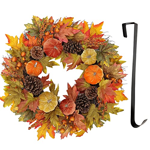 Fall Wreath 26 Inches - Autumn Velvet Pumpkin & Maple Leaf Front Door Decor - Large Harvest Thanksgiving Halloween Wreath - Briful Variation