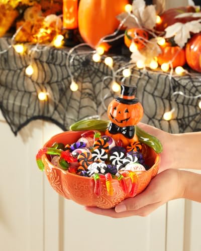 Orange Ceramic Halloween Pumpkin Candy Bowl 6.5 Inch 28 Oz - Whimsical Halloween Decor