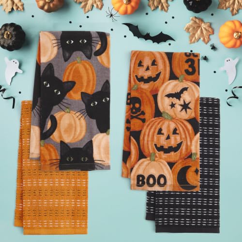Carved Pumpkin Patch & Cat Peepers Halloween Kitchen Towel Set - 4 Pack