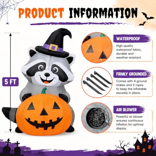 Halloween Inflatable Witch Raccoon Decor - 5 ft Outdoor Blow-up Decoration with LED Lights - Halloween Style
