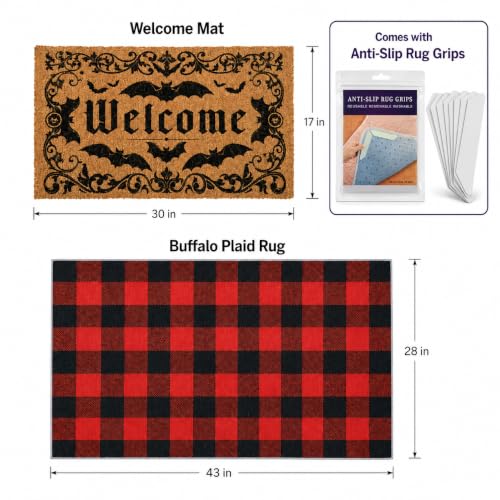 Brown Halloween Door Mat Set - Bat Welcome Doormat & Checkered Entry Rug