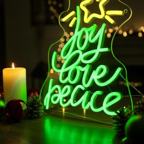 Christmas Tree Neon Sign - Joy Love Peace with Green Yellow Variations - USB LED Wall Decor