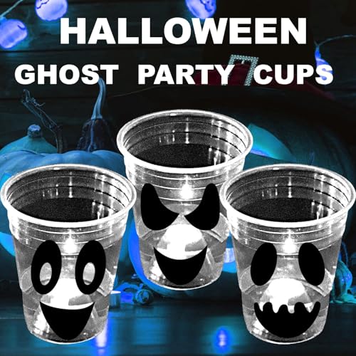24 Pack Glow Halloween Ghost Cups - 16 oz Spooky Party Supplies - White Ghost Face Design