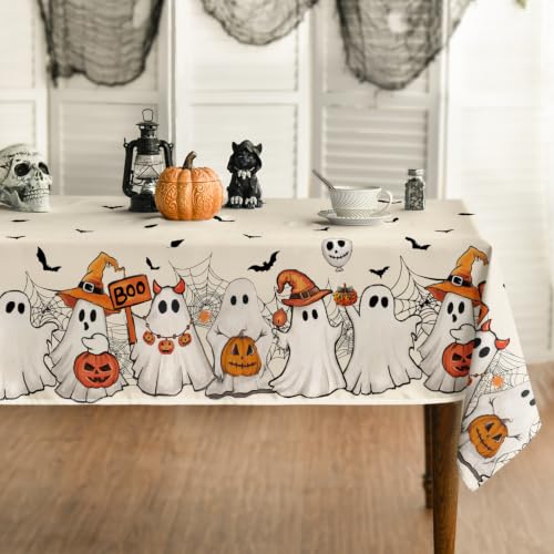 Horaldaily Halloween Tablecloth 52 x 70 Inch Rectangular Black Bat Ghost - Beige Variation