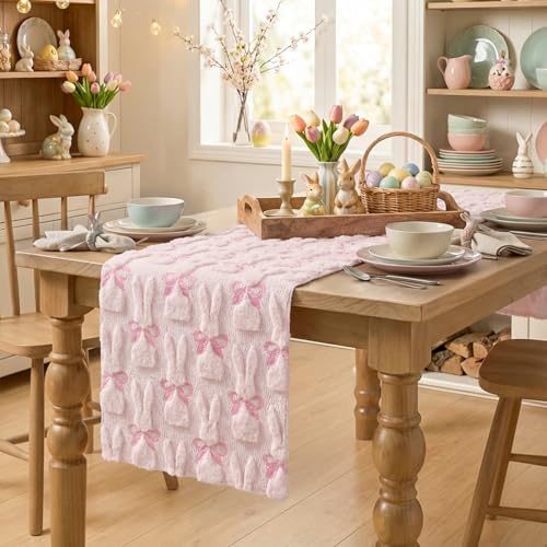 Pink Soft Plush Faux Fur Bunny Bow Easter Table Runner 13x72 Inch for Spring Holiday Decor