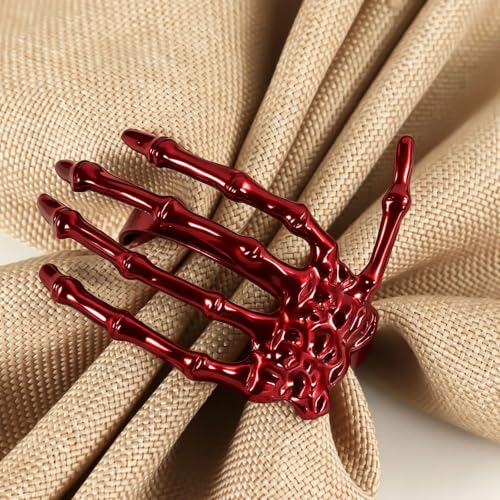 Red Halloween Skeleton Napkin Rings Set of 6 - Spooky Gothic Table Decor