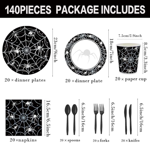 Halloween Party Supplies Set for 20 Guests | Spider Web Plates, Napkins, Cups & Utensils