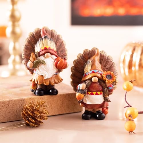 Medium Fall Gnome Decorations for Home Thanksgiving Decor Set - Indian & Turkey Figurines