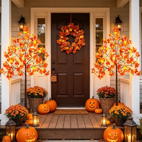 TURNMEON 2 Pack 4ft Prelit Fall Maple Trees with Pumpkins & Acorns - Outdoor Halloween Decor