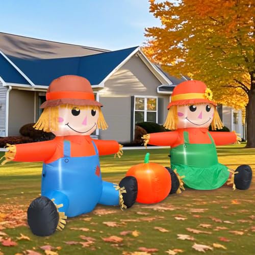 6FT Fall Thanksgiving Inflatable Scarecrow Couple with LEDs - Outdoor Decorations