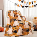 Halloween Throw Blanket 50x60 Inches - Orange Plaid Ghost Pumpkin Fleece Cozy Decor