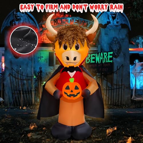 6FT Halloween Highland Cow Vampire Inflatable Outdoor Decoration - Animated Yard Decor with Lights