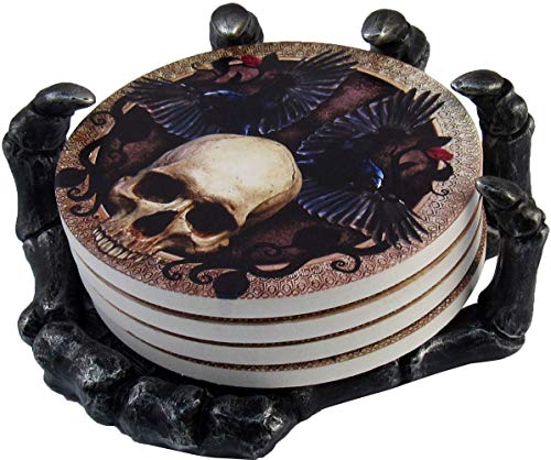Gothic Skull Coaster Set with Skeleton Hand Holder - Halloween Bar Decor